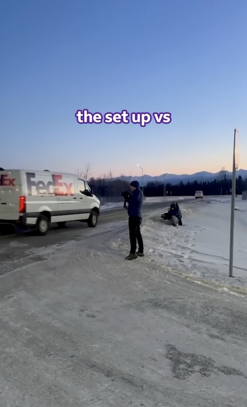 Behind-the-scenes setup for filming a FedEx van in Alaska